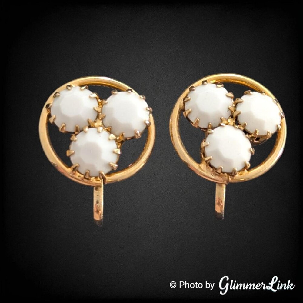 Vintage Mid Century White Glass Gold Tone Circle Clip On Earrings